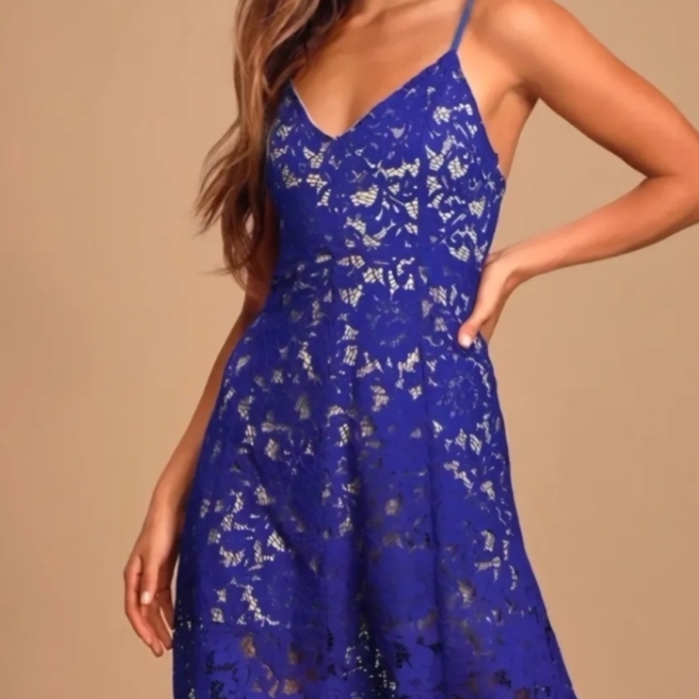 Lulu's Cobalt Blue Lace Midi Dress with Spaghetti Straps